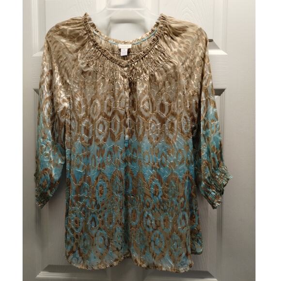 Chico's Size 2 (Large) Silk Blend Turquoise Escape 3/4 Sleeve Popover Sheer Top - Picture 1 of 8